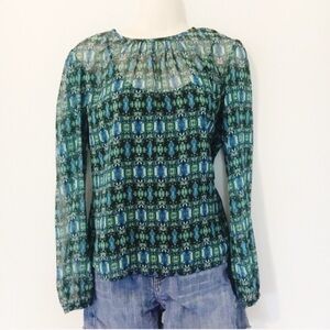 Vince Camuto Sheer Green Blue Jewel Pattern Blouse